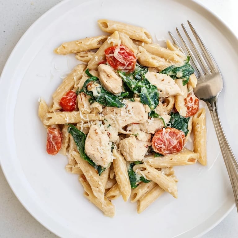 Steaming Greek Yogurt Chicken Pasta in a shallow dish, highlighting the luscious Greek yogurt sauce clinging to the penne and golden-brown chicken, perfect for a high-protein dinner.