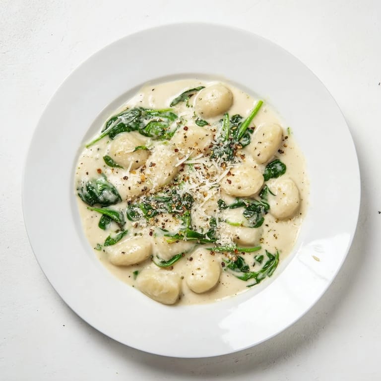 A skillet of Creamy Garlic Gnocchi tossed with spinach, ready to serve for an easy dinner.
