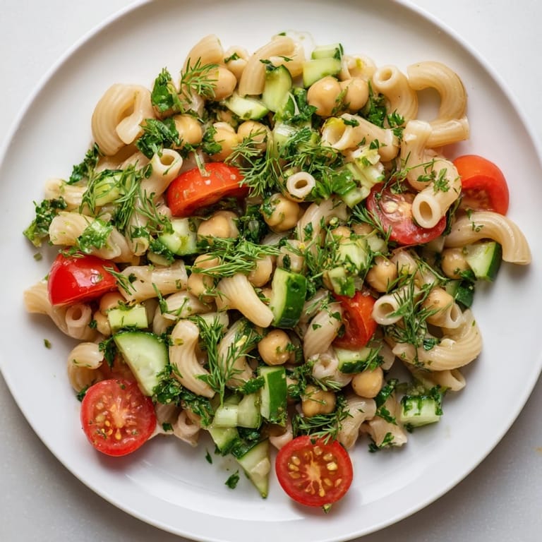 Lemon Herb Chickpea Pasta Salad topped with crumbled feta and kalamata olives, perfect for a Mediterranean-inspired summer meal.