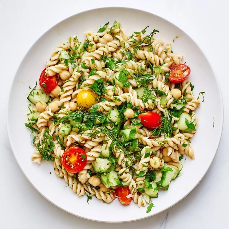Bright Mediterranean Lemon Herb Chickpea Pasta Salad with fresh herbs, ready for a light lunch or picnic.