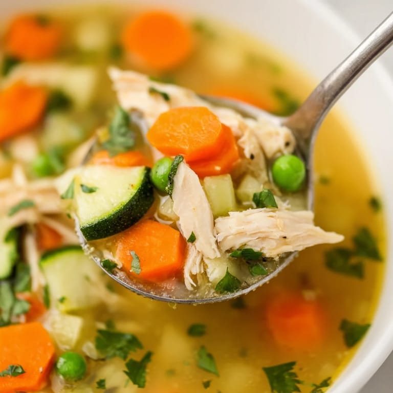 Freshly ladled Spring Garden Chicken Soup steaming in a white ceramic bowl, packed with tender shredded chicken, zucchini, and peas.