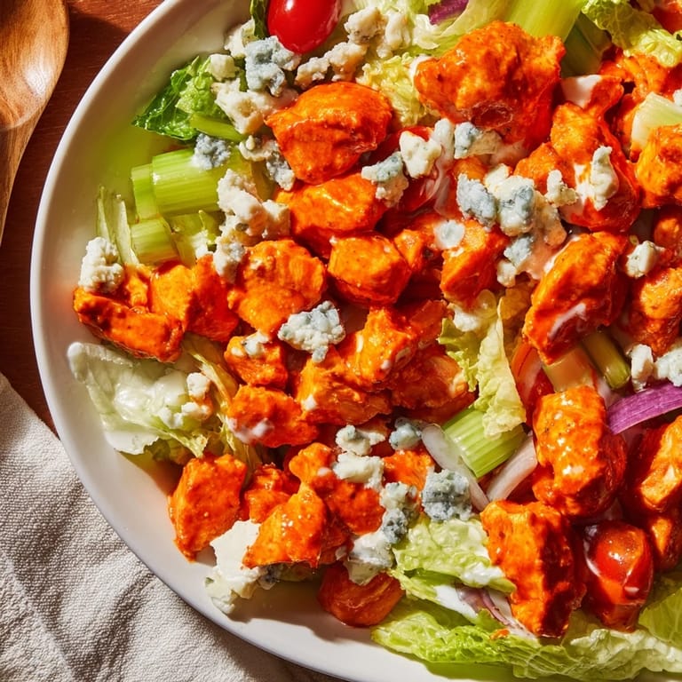 A vibrant Buffalo Chicken Chopped Salad plated with creamy ranch dressing, ready to serve as a zesty 30-minute main dish. 