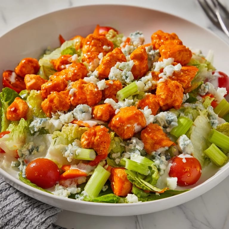 Tender, hot sauce-glazed chicken pieces atop a colorful salad mix of crisp veggies and crumbled blue cheese.