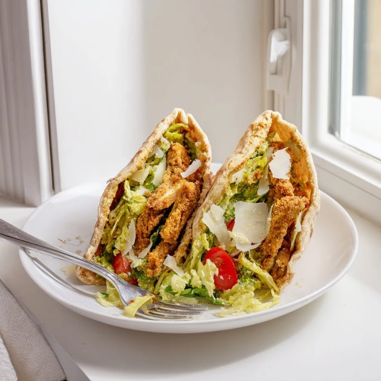 Warm pita stuffed with herbed chicken Caesar pitas, a golden-brown crust and bright lemon wedges for a classic twist.