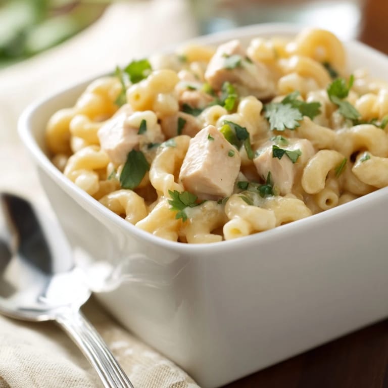 Steam rises from this bubbling Green Chili Chicken Mac, highlighting golden melted cheese and freshly chopped cilantro garnish on top.