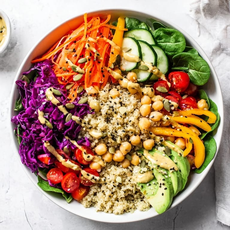 Served in a white bowl, this Rainbow Buddha Bowl With Quinoa showcases rainbow textures and fresh flavors.