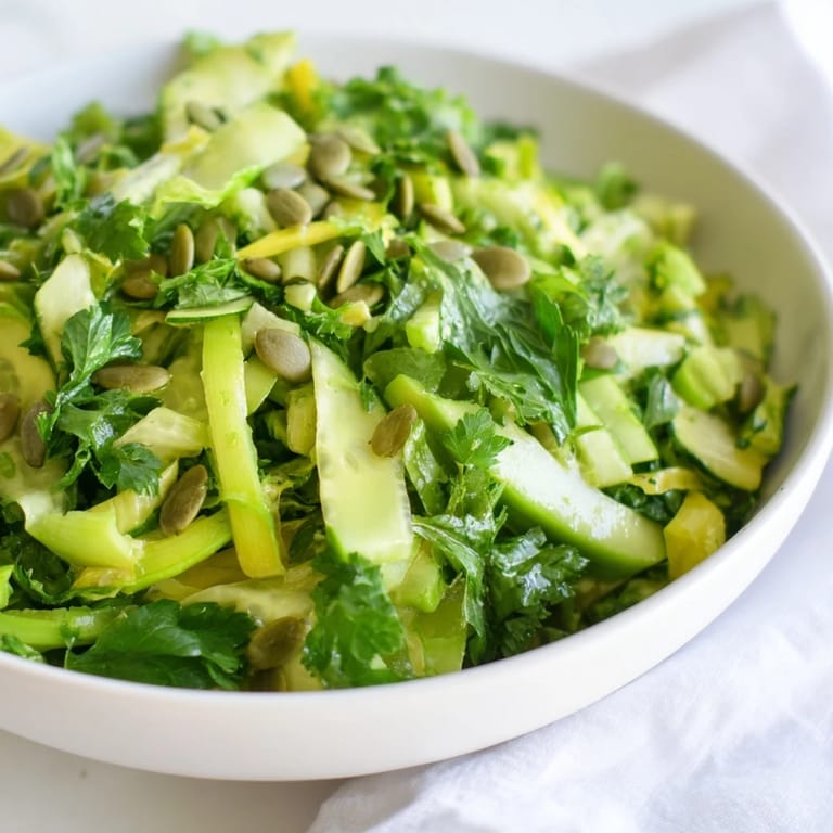 The fully assembled Glowing Green Salad in a large white bowl, ready to serve as a healthy vegan side dish for four.