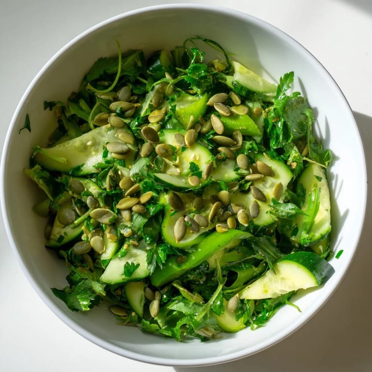 A fresh serving of Glowing Green Salad featuring celery and zucchini slices, topped with crunchy pumpkin seeds and chopped parsley.