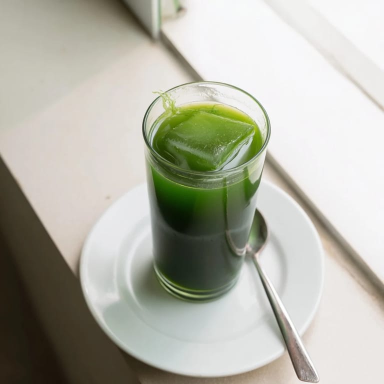 A close-up of the nutritious Cabbage and Kale Detox Juice in a clear glass, highlighting its vibrant green color and garnished with a crisp celery stalk and a twist of lemon.