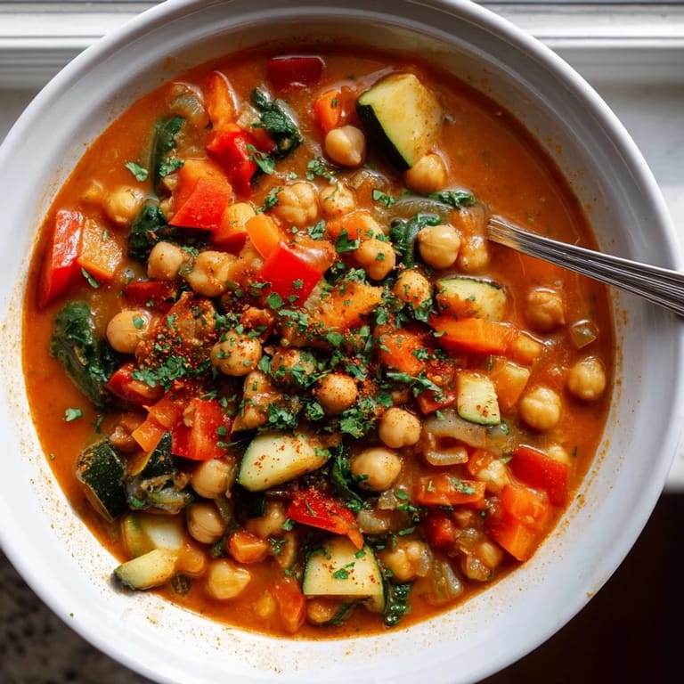 Steaming Spicy Chickpea Stew in a rustic pot, featuring carrots, red bell pepper, and hearty vegetables.  