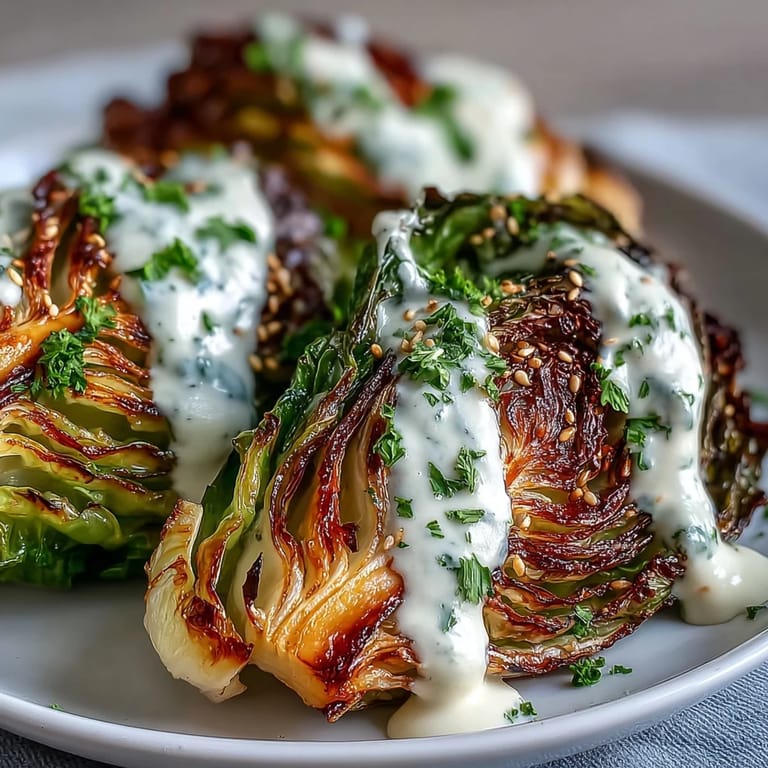 Hearty roasted cabbage wedges topped with nutty tahini and fresh herbs.