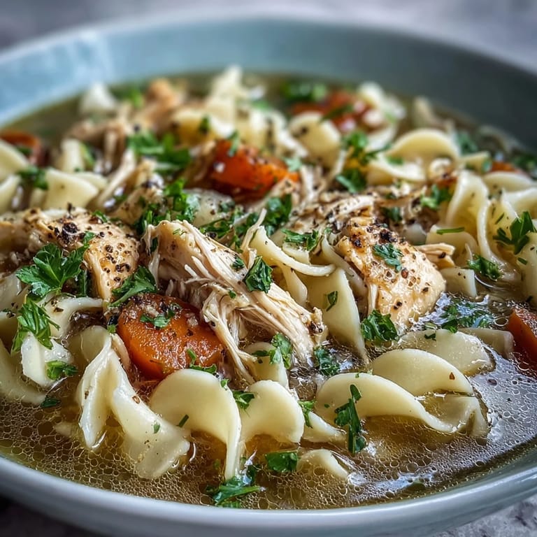 Close-up on Chicken and Noodle Soup, noodles tangled with shredded chicken and carrots in a rich broth, garnished with fresh parsley.