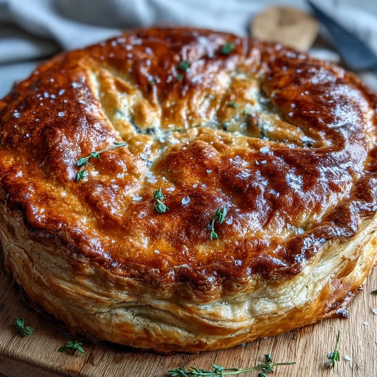 Chicken and Leek Pie sits on a marble countertop next to fresh ingredients like leeks and herbs. The pastry top is scored and puffed, revealing a glimpse of the rich, creamy chicken and bacon interior. This overhead shot showcases the texture and layers of this British-inspired comfort food. Perfect for food bloggers and Pinterest recipe pins.