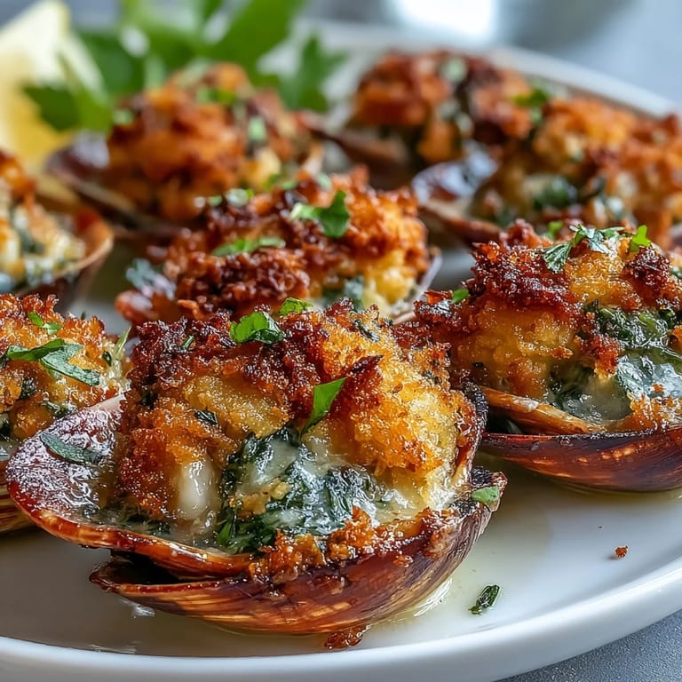 Roasted Clams With Lemony Panko arranged on rock salt, ready to serve as a savory appetizer.