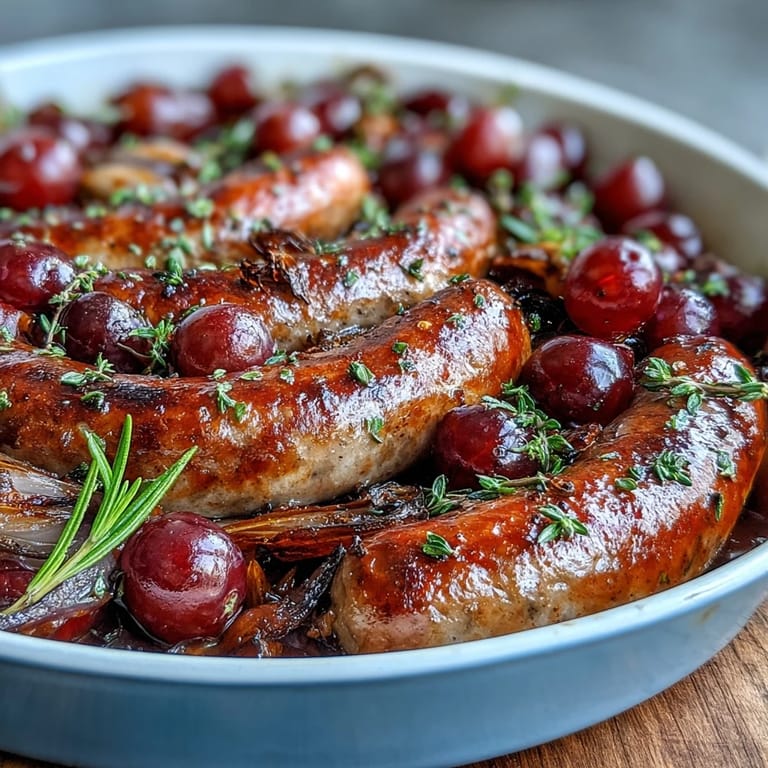 Sizzling one-pan roasted sausage and grapes recipe, fresh from the oven with steam rising.