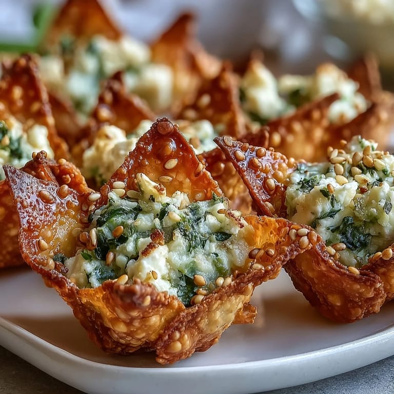 Appetizer platter of warm Mediterranean Spinach and Feta Cheese Crisps topped with toasted sesame seeds and a pinch of smoked paprika.