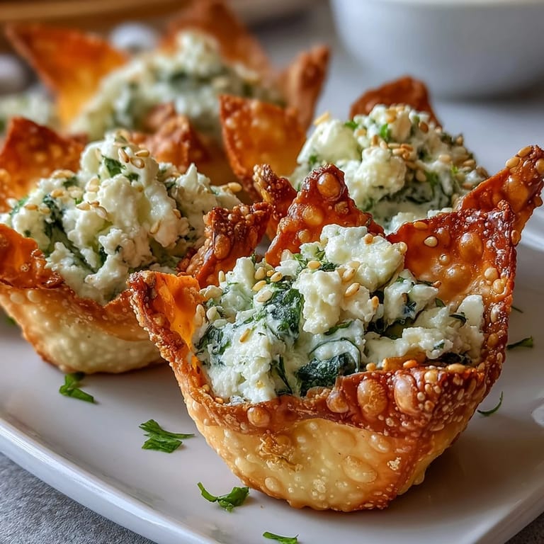 Golden Mediterranean Spinach and Feta Cheese Crisps in mini muffin tins with creamy feta, wilted spinach, and aromatic herbs.