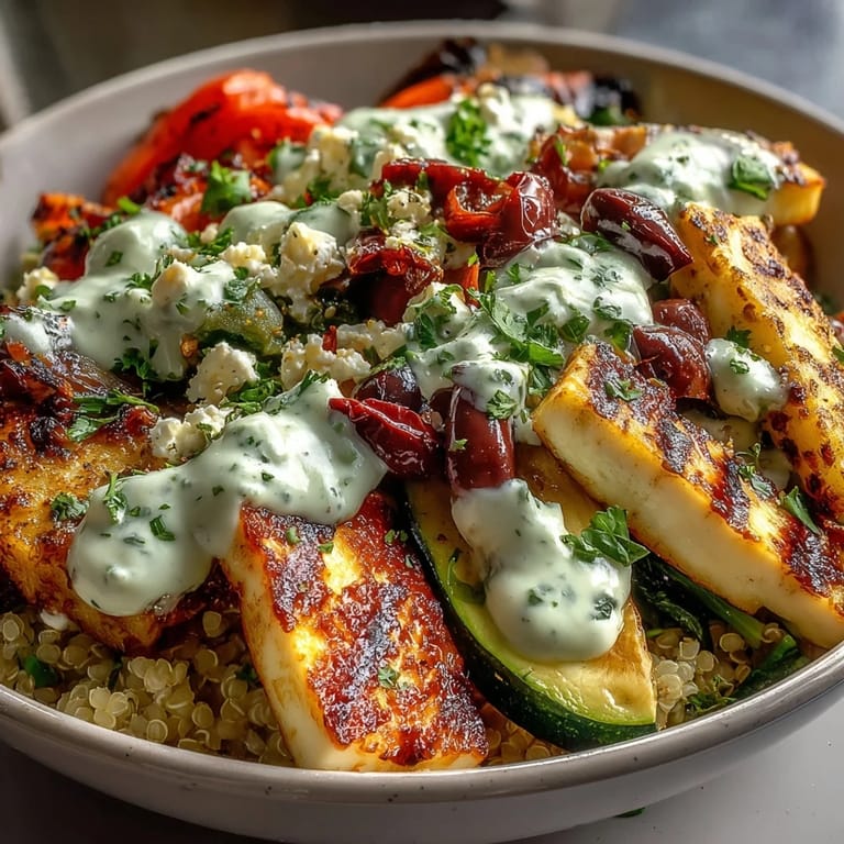 A generous drizzle of creamy tzatziki sauce over grilled halloumi and quinoa in a vibrant dinner bowl.
