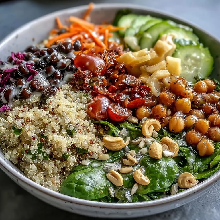Spoon lifting a bite of Rainbow Salad Bowl featuring black beans, purple cabbage, and bell peppers, showcasing vibrant textures.