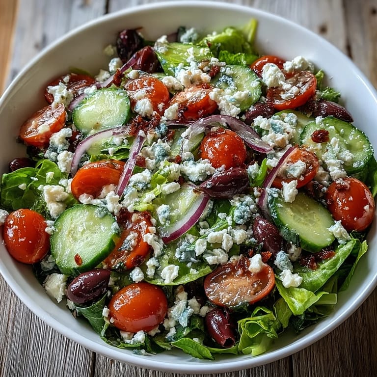 A vibrant Mediterranean Green Salad Bowl topped with Kalamata olives and red onion, served on a white plate for a light lunch.