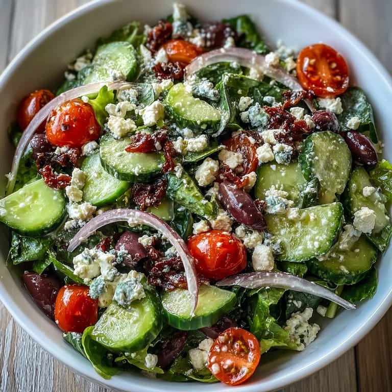 Easy Mediterranean Green Salad Bowl ready in fifteen minutes, featuring crisp greens and creamy feta, perfect for a vegetarian side dish.