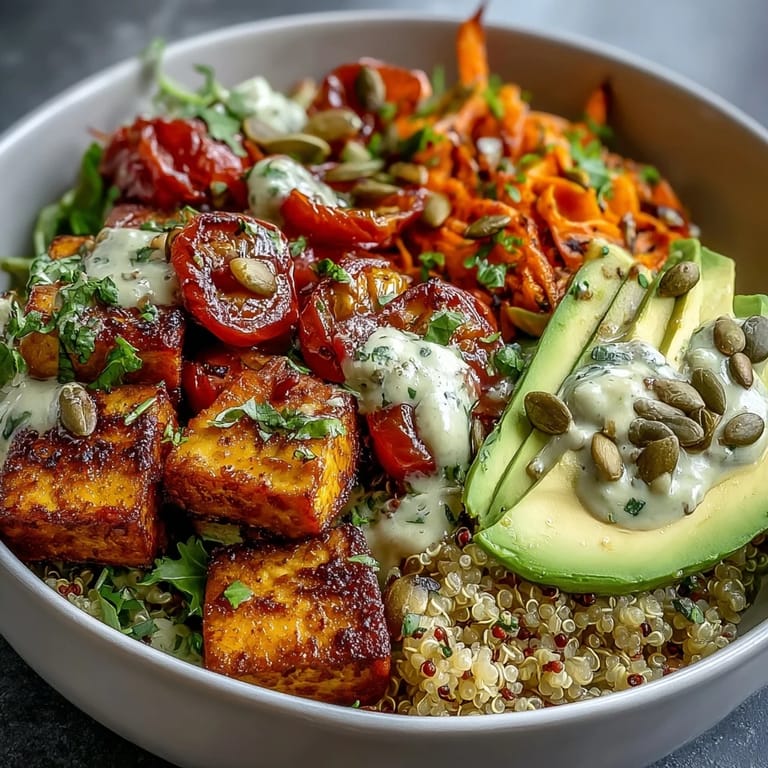 Simple Grain Bowl with fluffy farro, pan-seared tofu, vibrant veggies, avocado, and toasted pumpkin seeds, drizzled with tangy lemon vinaigrette.
