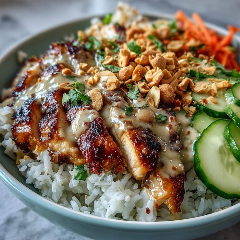 Tender grilled chicken slices rest on coconut rice with cabbage, carrots, cucumber, and cilantro.