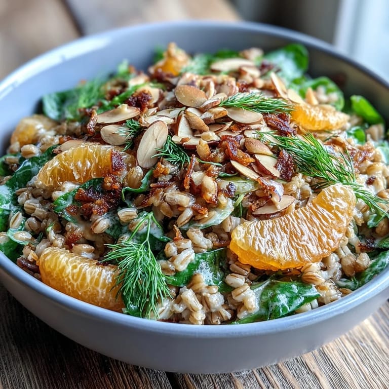 A freshly prepared Farro Salad Bowl garnished with fennel fronds and almonds, served over a bed of vibrant mixed greens.