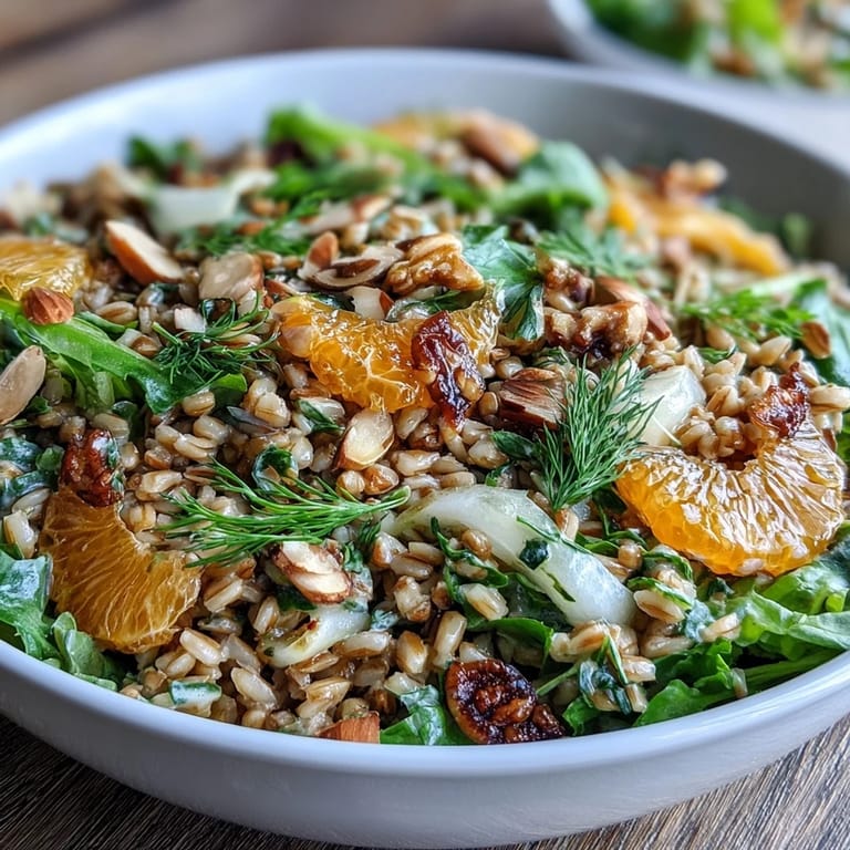 Hearty Farro Salad Bowl with juicy orange segments and thinly sliced fennel, dressed in a glistening light vinaigrette.