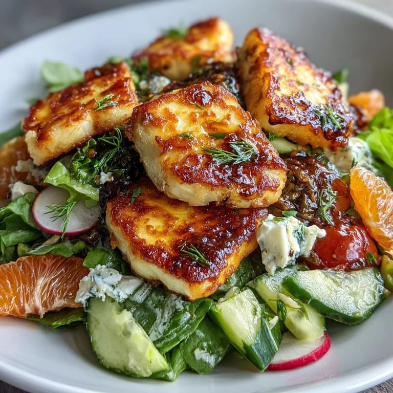Fresh Halloumi Blood Orange Fattoush salad with cucumber, tomatoes, and radishes, drizzled with pomegranate molasses, ready to serve on a platter.