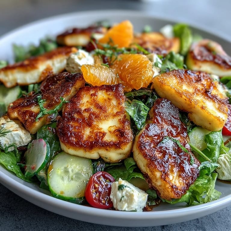 Warm Halloumi Blood Orange Fattoush topped with toasted croutons and fresh mint leaves, tossed in a lemony sumac vinaigrette.