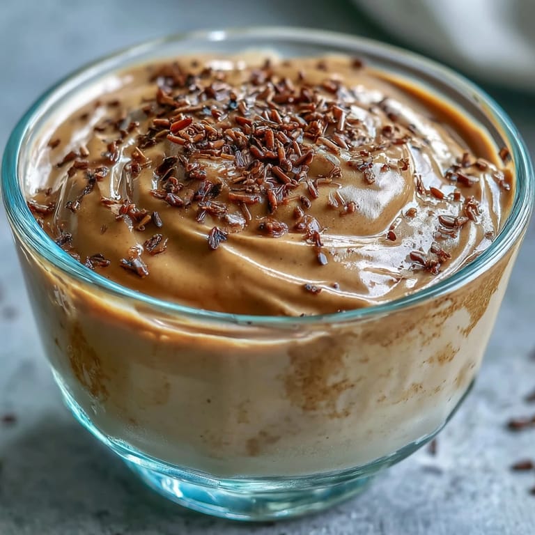 Chilled Hojicha Pudding with a sprinkle of cocoa powder, highlighting its smooth texture and earthy Japanese flavor.