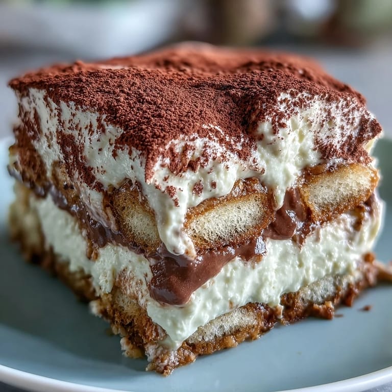 A close-up slice of Hojicha Tiramisu reveals soaked ladyfingers and a rich roasted tea mascarpone filling.