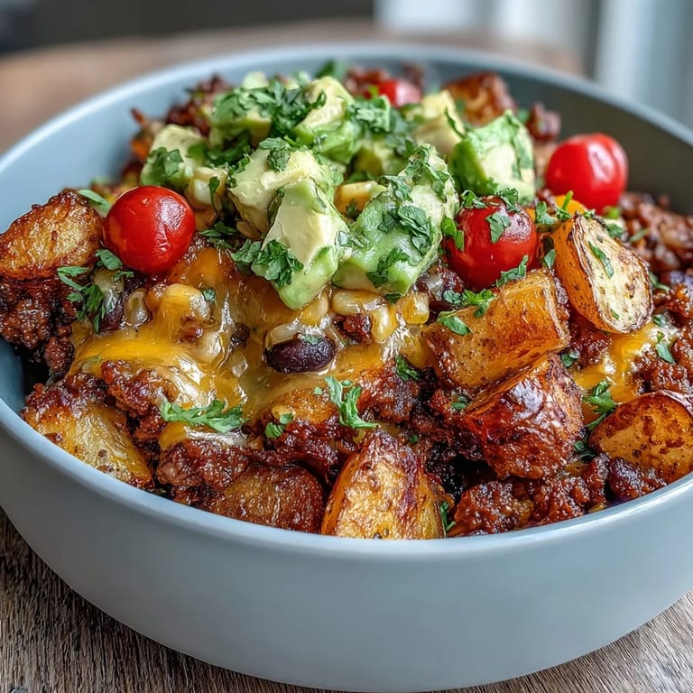 A vibrant Loaded Potato Taco Bowl features diced avocado, fresh cherry tomatoes, and cilantro over a hearty layer of seasoned meat and potatoes. 