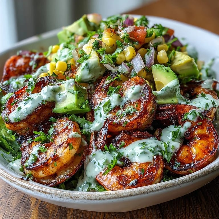 Ready to eat Grilled Shrimp Bowl garnished with fresh cilantro, showcasing a drizzle of rich garlic sauce over sautéed shrimp.