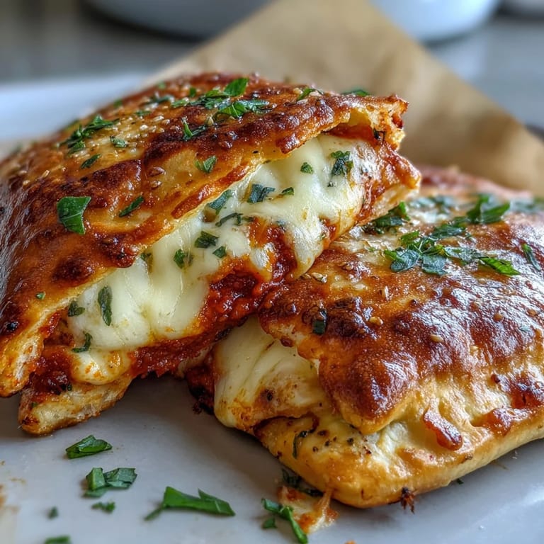 A close-up view of a split High Protein Pizza Hot Pocket shows the steamy, gooey mozzarella filling against a textured, whole wheat flour background.