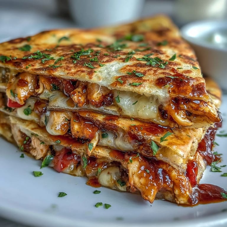 Sautéed peppers and onions spill from a warm, cheesy Hot Honey BBQ Chicken Quesadilla slice.