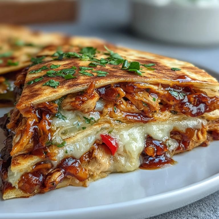 Melted cheddar and mozzarella cheese pull in a Tex-Mex Hot Honey BBQ Chicken Quesadilla.