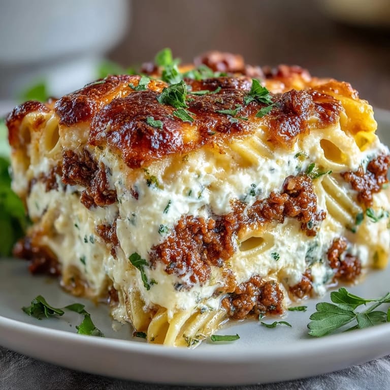 A spoon scoops into the creamy Cottage Cheese Protein Pasta Bake with Ground Beef, revealing layers of pasta.