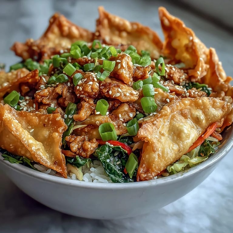 A close-up of deconstructed Crispy Baked Egg Roll Chicken bowls, featuring crunchy wontons and vibrant stir-fried veggies.