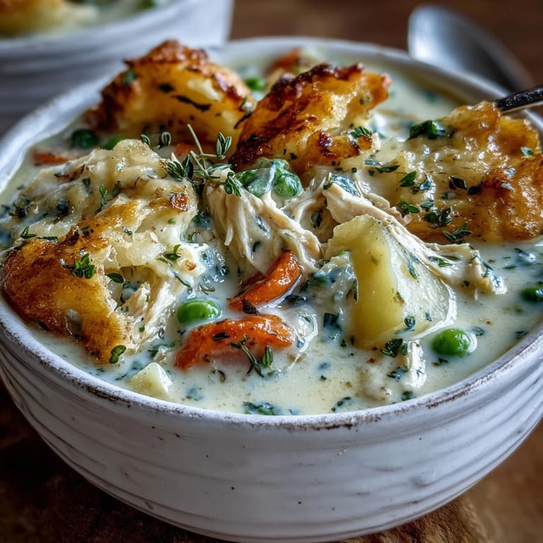 A comforting bowl of Creamy Chicken Pot Pie Soup loaded with tender chicken, carrots, and peas.