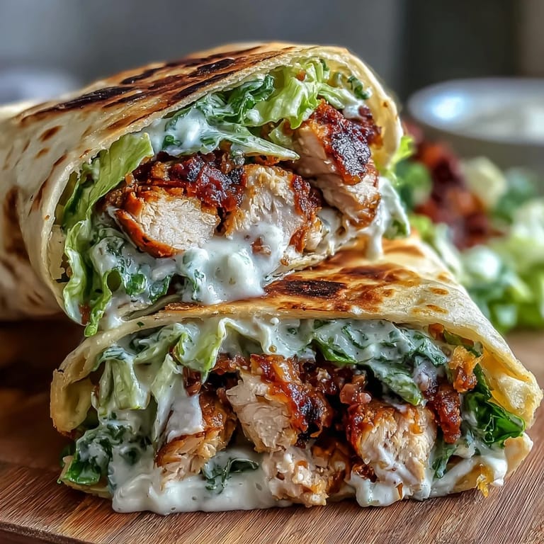 Served on a plate, these fusion wraps feature juicy chicken, tangy Caesar dressing, and garlic naan.