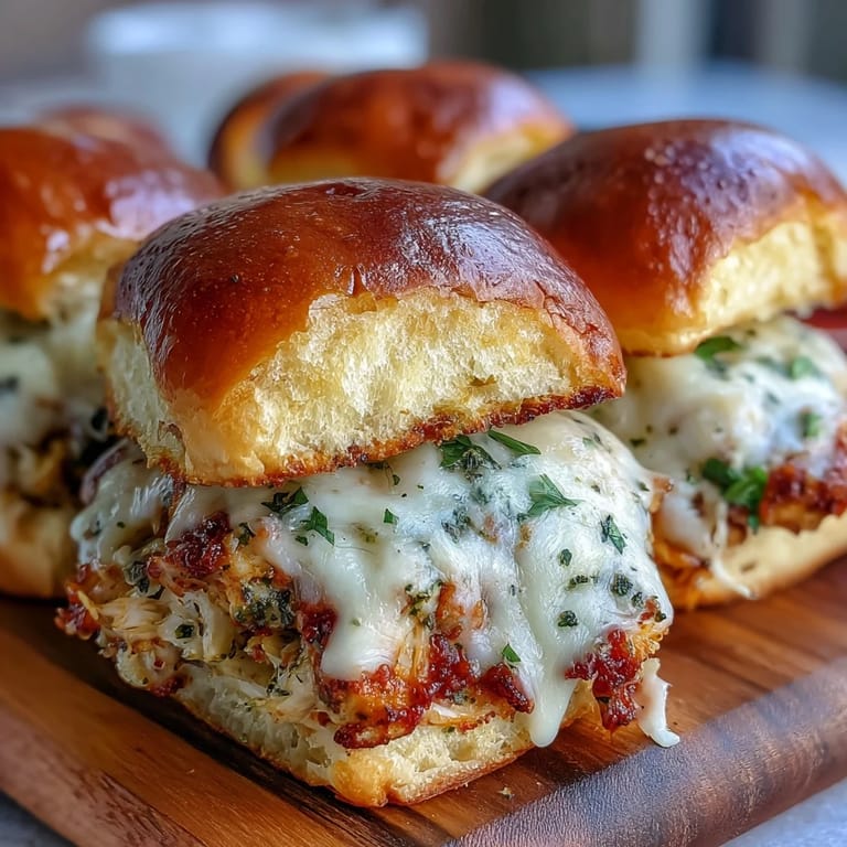 Freshly baked mini brioche sliders filled with pesto chicken and zesty marinara, served warm from the oven.