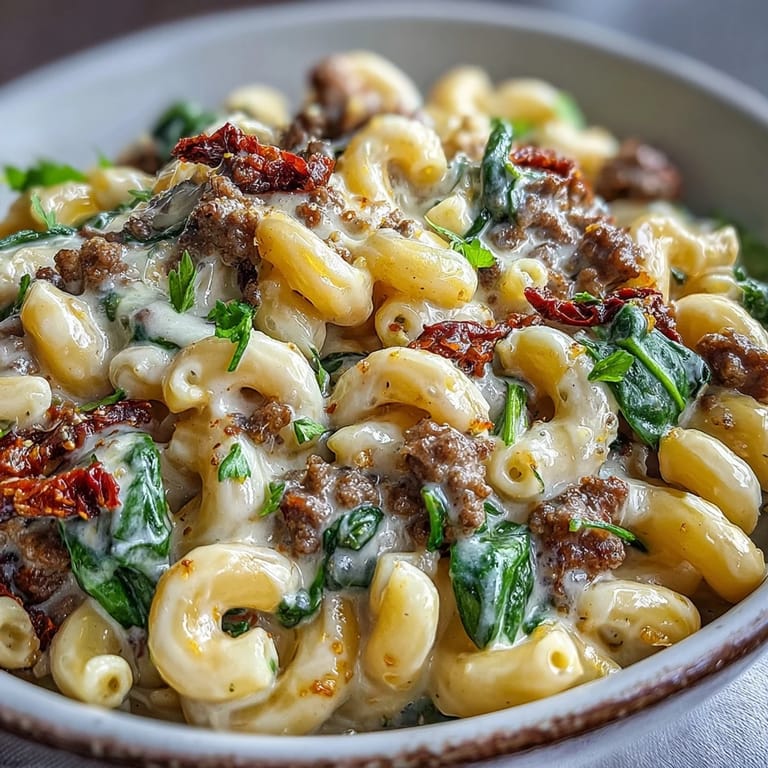 Skillet of Creamy Tuscan Chili Mac featuring sun-dried tomatoes and pasta coated in a creamy sauce.