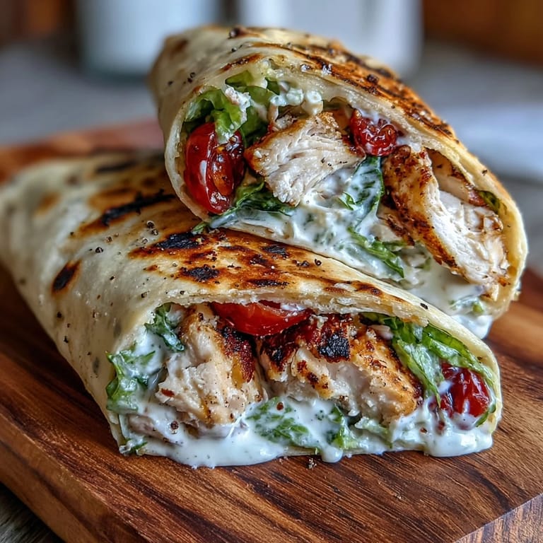 Freshly warmed garlic naan wraps hold Caesar salad and juicy chicken, perfect for an easy dinner.