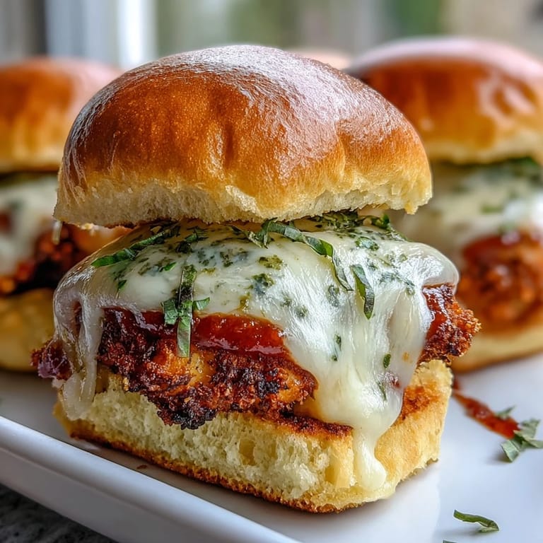 Toasted mini brioche buns hold breaded chicken, marinara, and melted cheese on a serving platter.