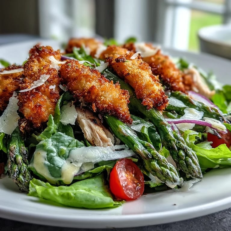 Topped with a honey-Dijon lemon vinaigrette, this hearty Crispy Parmesan Asparagus Chicken Salad offers a gluten-free friendly meal perfect for lunch or a light dinner.