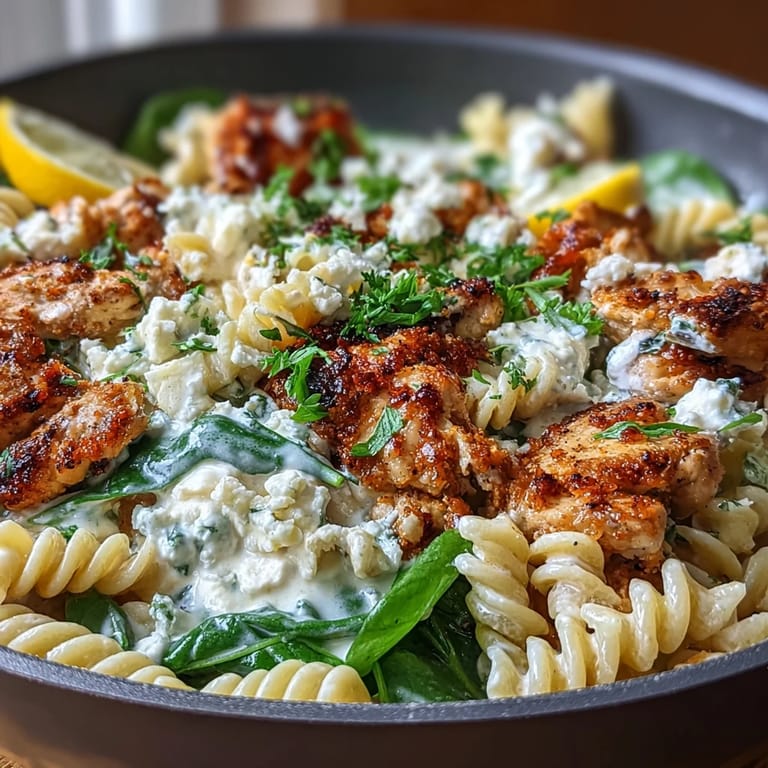 Golden chicken and al dente pasta tossed in a creamy yogurt sauce in this Greek Chicken Feta Pasta Skillet.