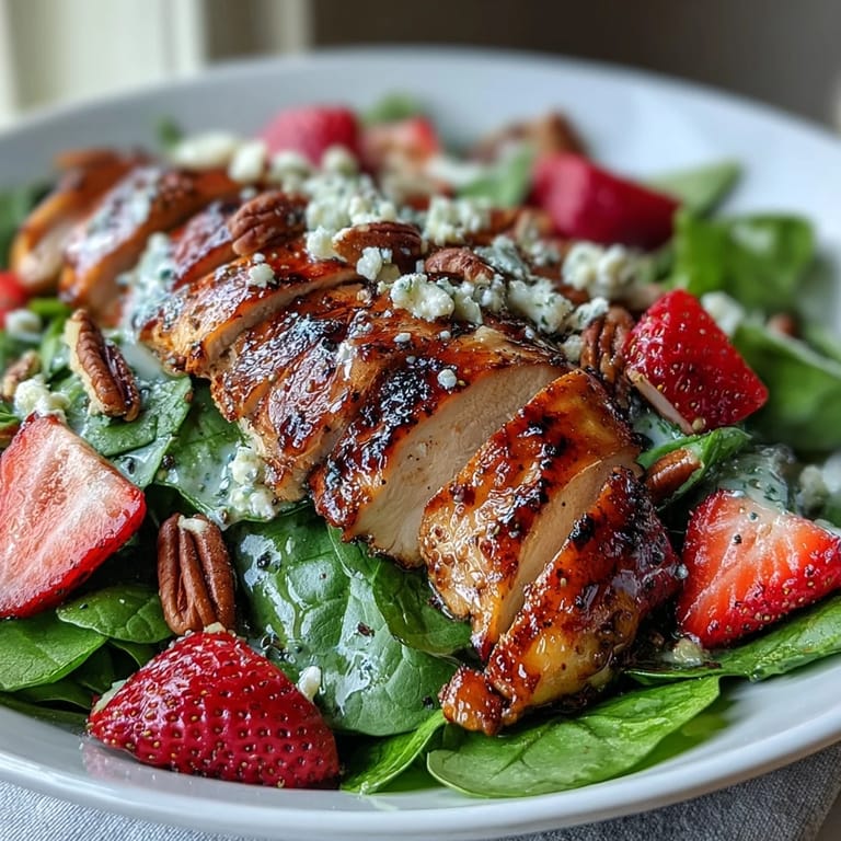 Bright red strawberries, fresh spinach, and grilled chicken pieces garnish this beautiful Grilled Chicken and Strawberry Spinach Salad with Poppy Seed Dressing.