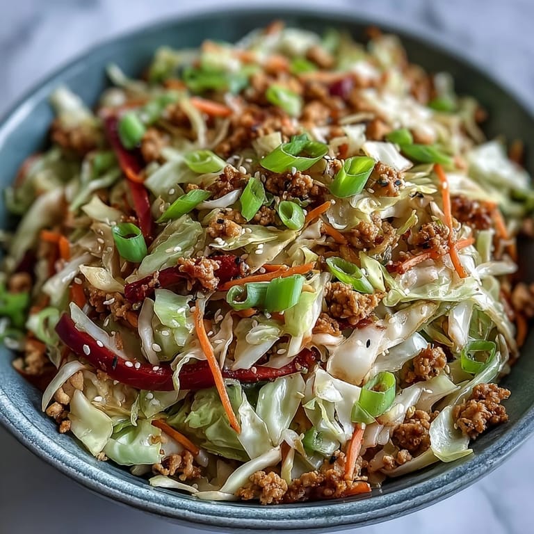 Tender ground turkey and julienned carrots in High-Volume Cabbage and Turkey Stir-Fry, plated next to steamed brown rice for a high-protein family meal.